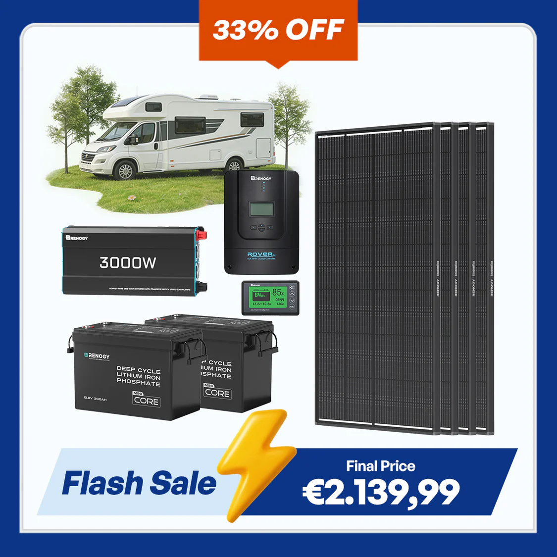 Renogy 7.68kWh Off-Grid Power System (3000W Inverter + 300Ah Battery x2)